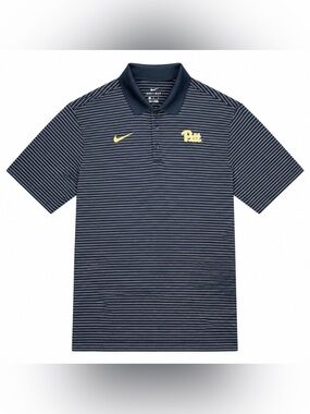 Nike Navy and White Striped Pitt Dri-FIT Polo with Yellow Logos NCAA